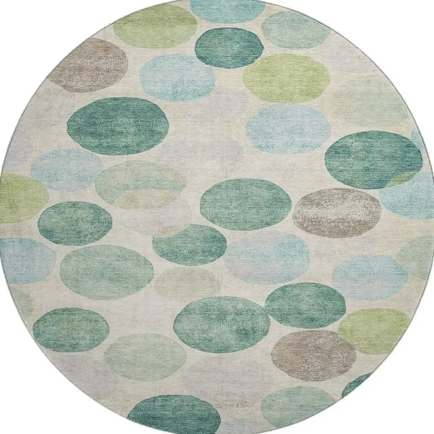 8' Teal Green And Ivory Geometric Washable Round Rug With UV Protection Photo 4