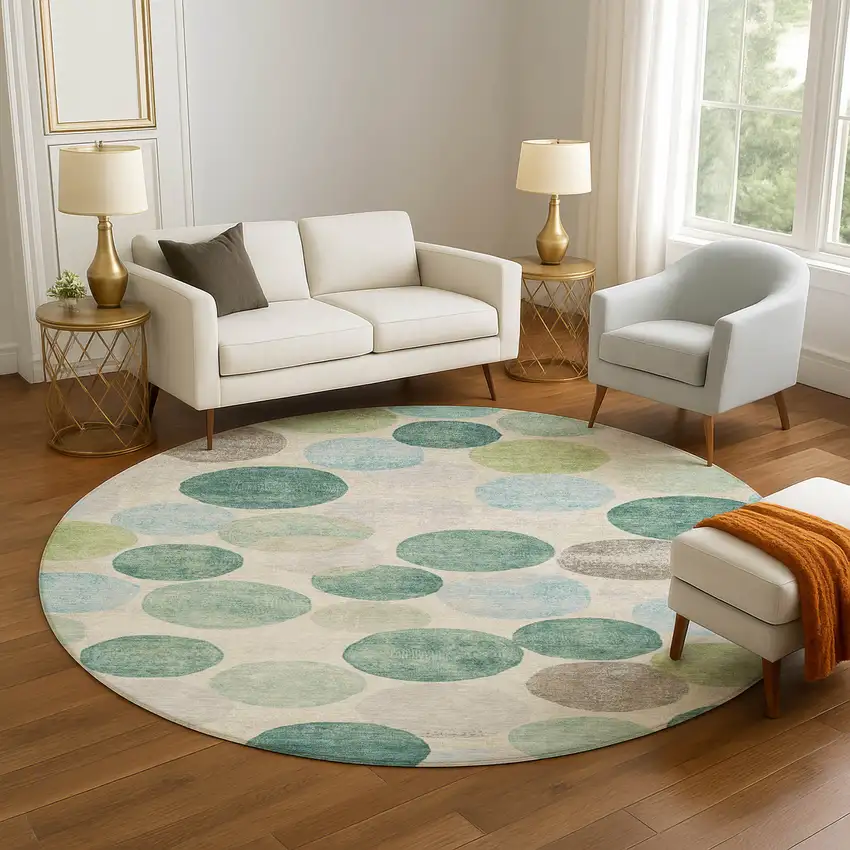 8' Teal Green And Ivory Geometric Washable Round Rug With UV Protection Photo 5