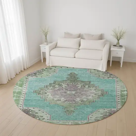 8' Teal Green And Lavender Oriental Washable Round Rug With UV Protection Photo 4
