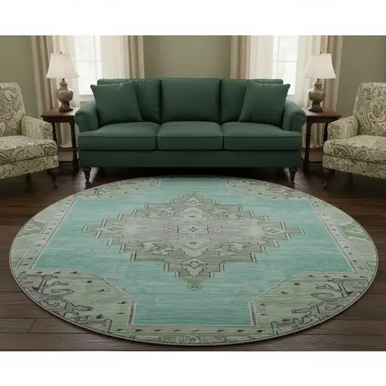8' Teal Green And Lavender Oriental Washable Round Rug With UV Protection Photo 1