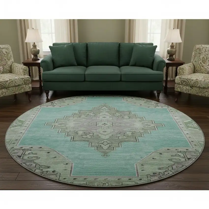 8' Teal Green And Lavender Oriental Washable Round Rug With UV Protection Photo 1