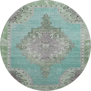 Photo of 8' Teal Green And Lavender Oriental Washable Round Rug With UV Protection