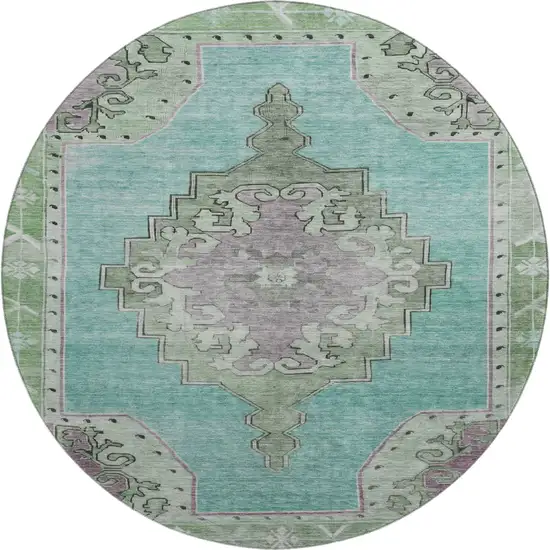 8' Teal Green And Lavender Oriental Washable Round Rug With UV Protection Photo 1
