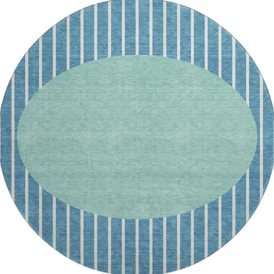 8' Teal Ivory And Aqua Striped Washable Round Rug With UV Protection Photo 3
