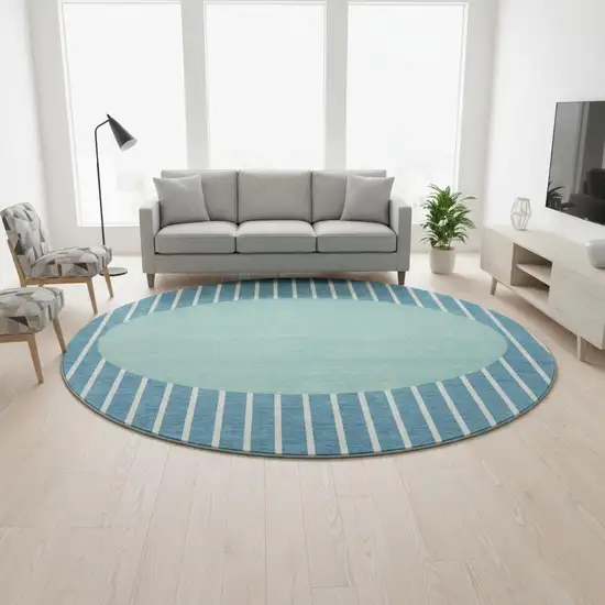 8' Teal Ivory And Aqua Striped Washable Round Rug With UV Protection Photo 2