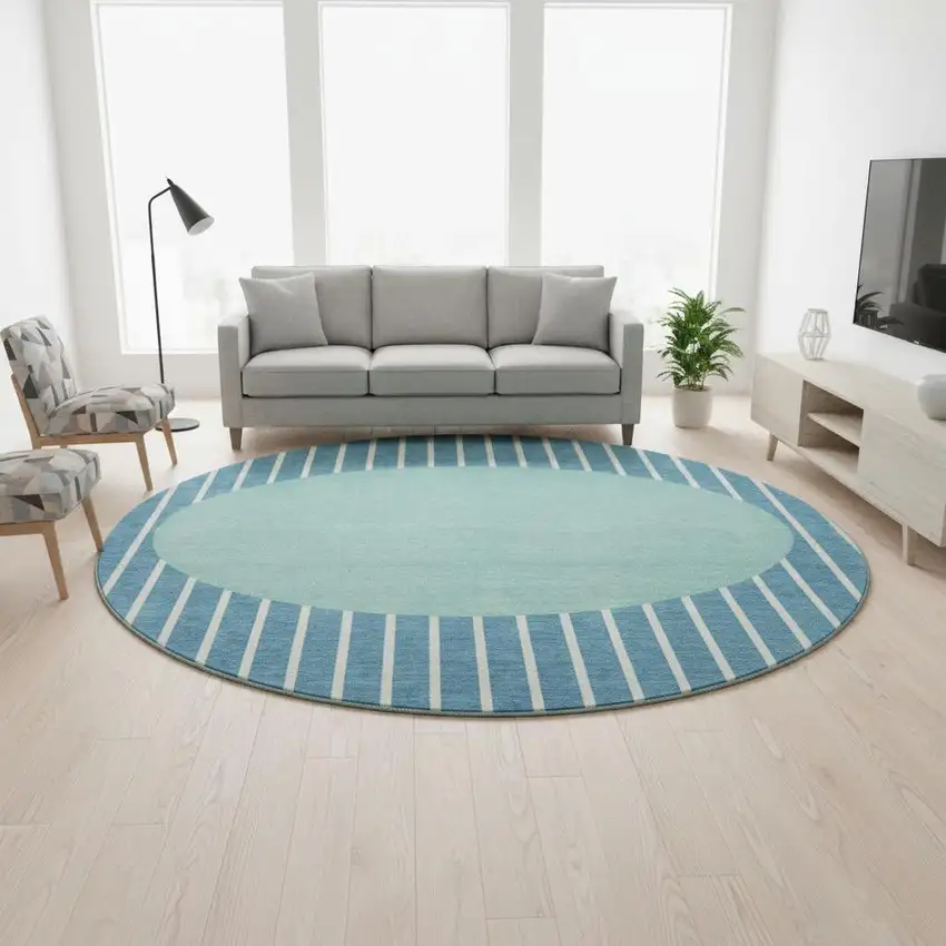 8' Teal Ivory And Aqua Striped Washable Round Rug With UV Protection Photo 2