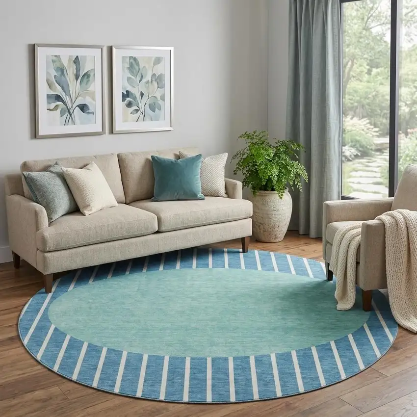 8' Teal Ivory And Aqua Striped Washable Round Rug With UV Protection Photo 1