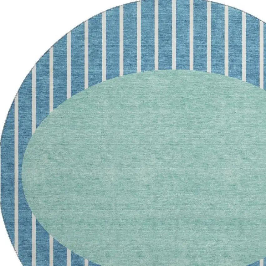 8' Teal Ivory And Aqua Striped Washable Round Rug With UV Protection Photo 2