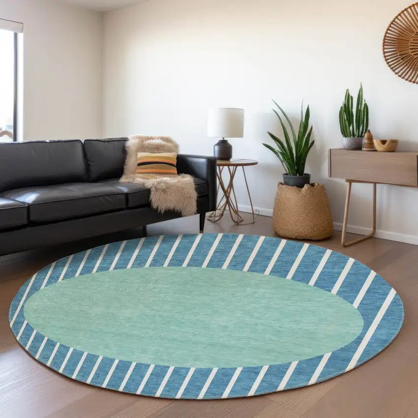 8' Teal Ivory And Aqua Striped Washable Round Rug With UV Protection Photo 4