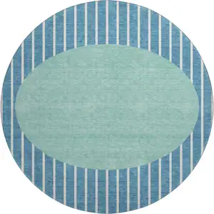 Photo of 8' Teal Ivory And Aqua Striped Washable Round Rug With UV Protection
