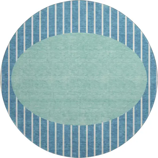 8' Teal Ivory And Aqua Striped Washable Round Rug With UV Protection Photo 1