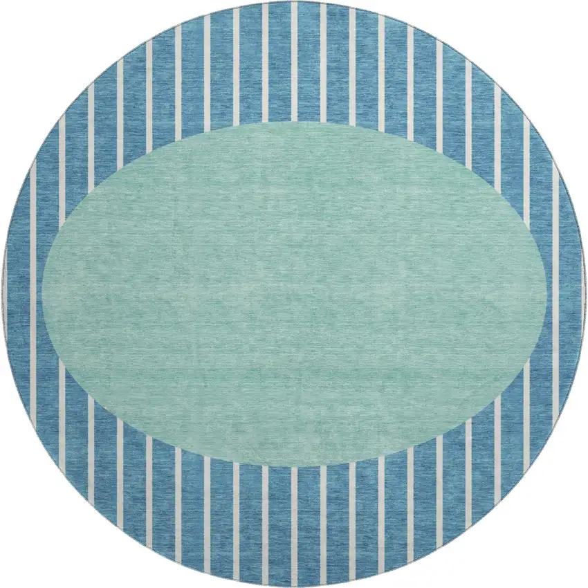 8' Teal Ivory And Aqua Striped Washable Round Rug With UV Protection Photo 1