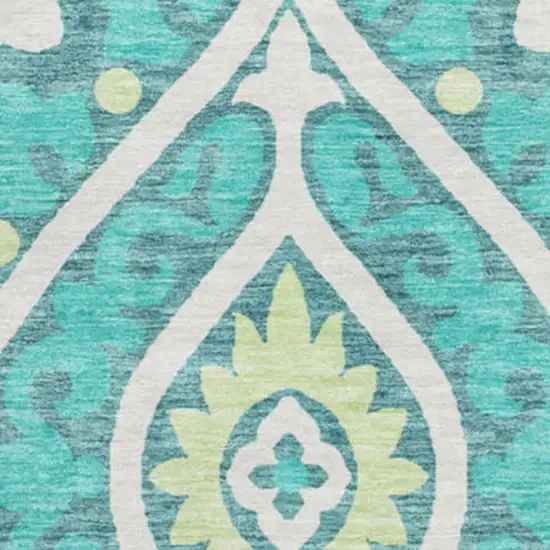 8' Teal Ivory And Artichoke Green Diamond Washable Round Rug With UV Protection Photo 3