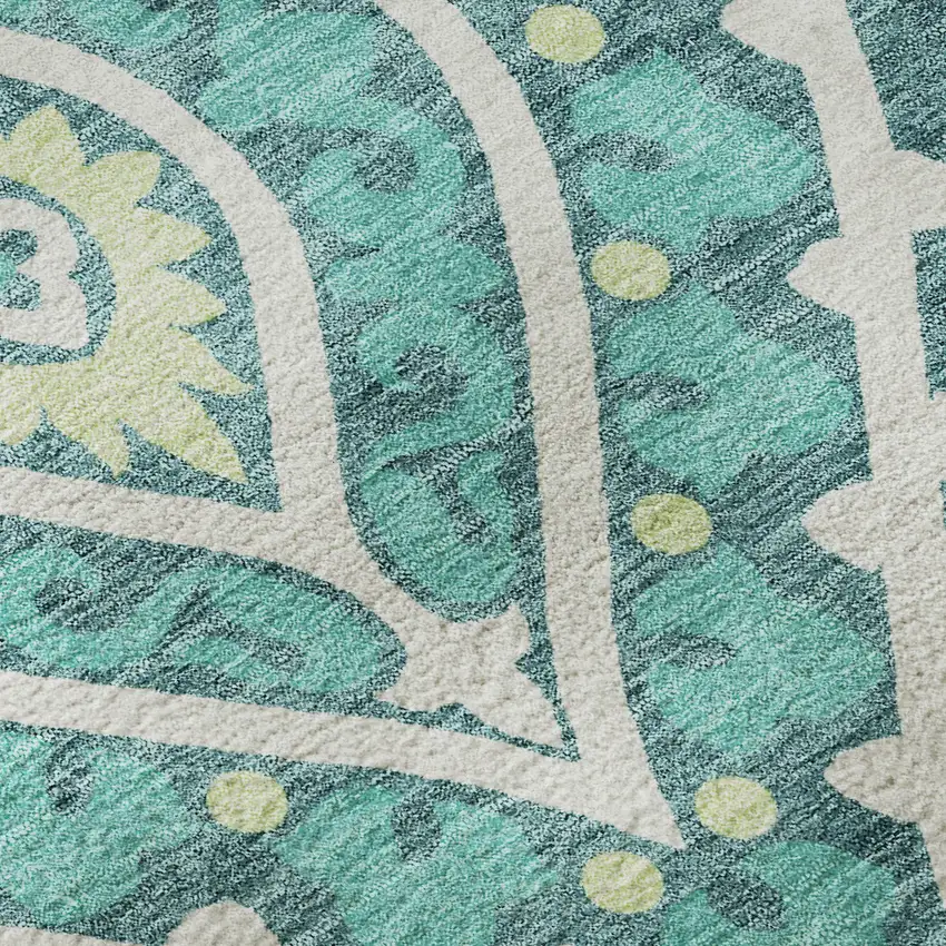 8' Teal Ivory And Artichoke Green Diamond Washable Round Rug With UV Protection Photo 9