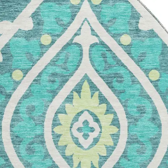 8' Teal Ivory And Artichoke Green Diamond Washable Round Rug With UV Protection Photo 4