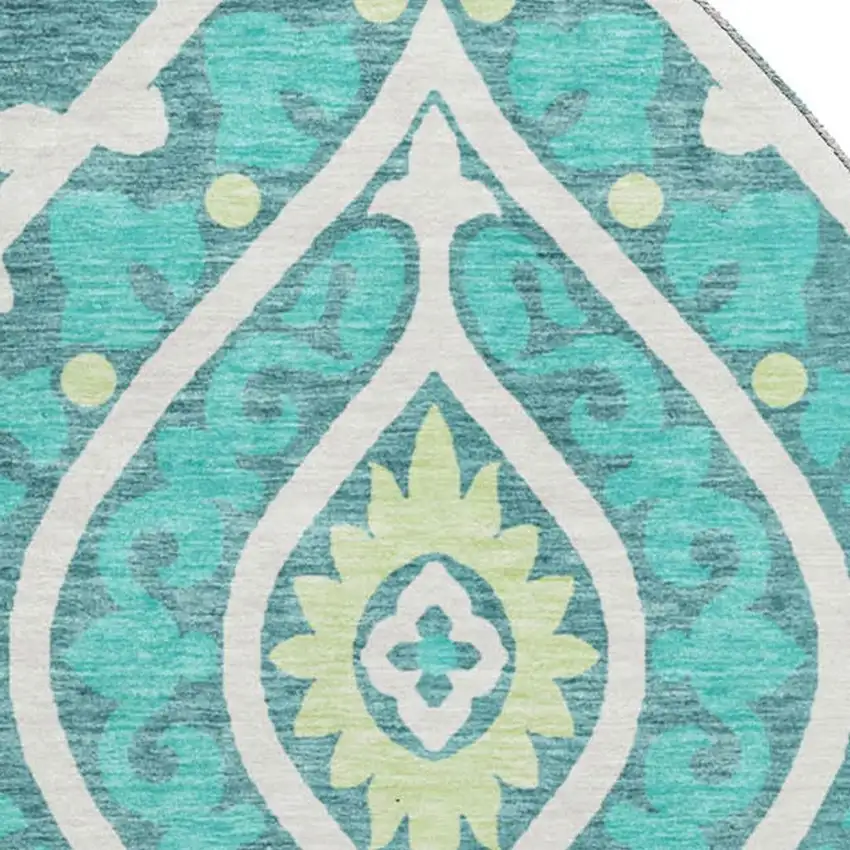8' Teal Ivory And Artichoke Green Diamond Washable Round Rug With UV Protection Photo 4
