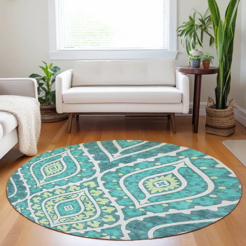 8' Teal Ivory And Artichoke Green Diamond Washable Round Rug With UV Protection Photo 5
