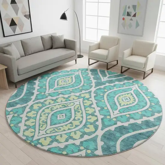 8' Teal Ivory And Artichoke Green Diamond Washable Round Rug With UV Protection Photo 2