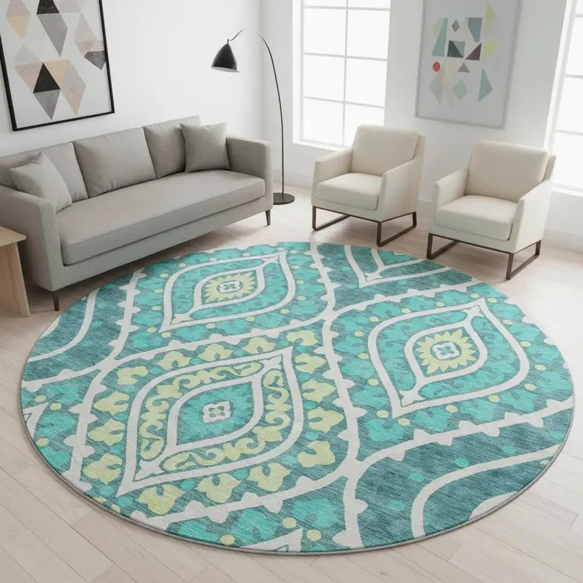 8' Teal Ivory And Artichoke Green Diamond Washable Round Rug With UV Protection Photo 2