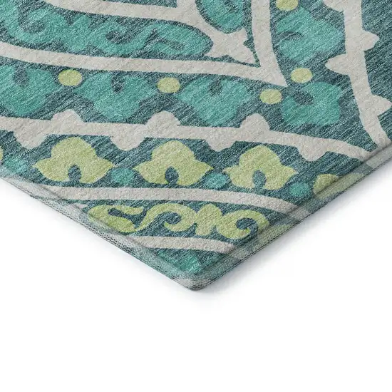 8' Teal Ivory And Artichoke Green Diamond Washable Round Rug With UV Protection Photo 7