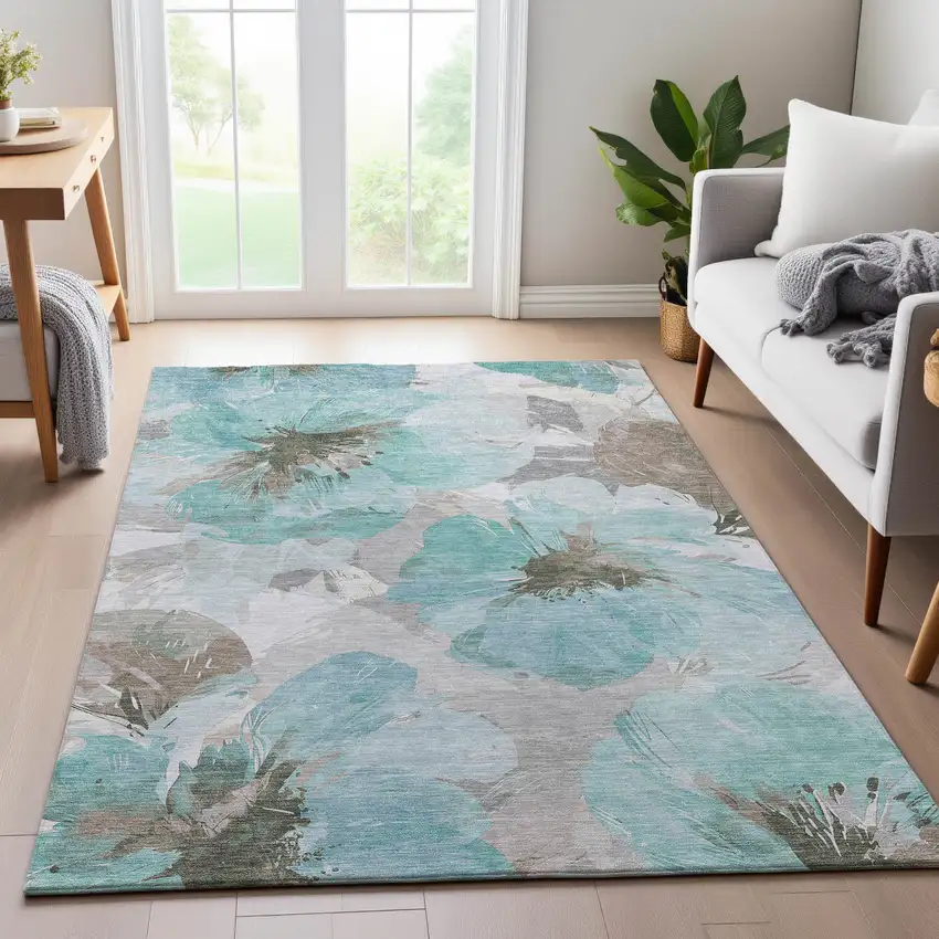 8' Teal Ivory And Beige Floral Washable Area Rug With UV Protection Photo 5