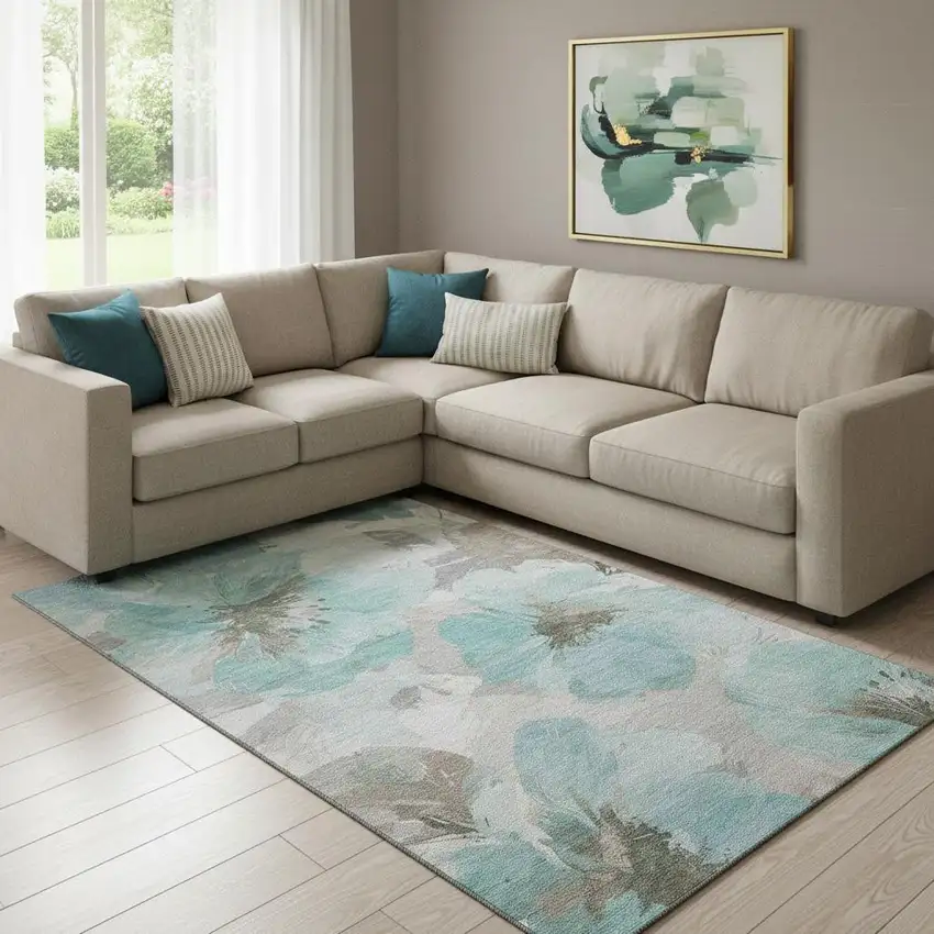 8' Teal Ivory And Beige Floral Washable Area Rug With UV Protection Photo 2