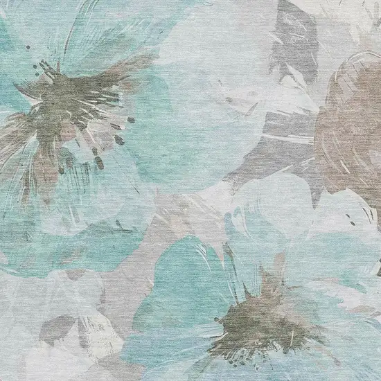 8' Teal Ivory And Beige Floral Washable Area Rug With UV Protection Photo 2