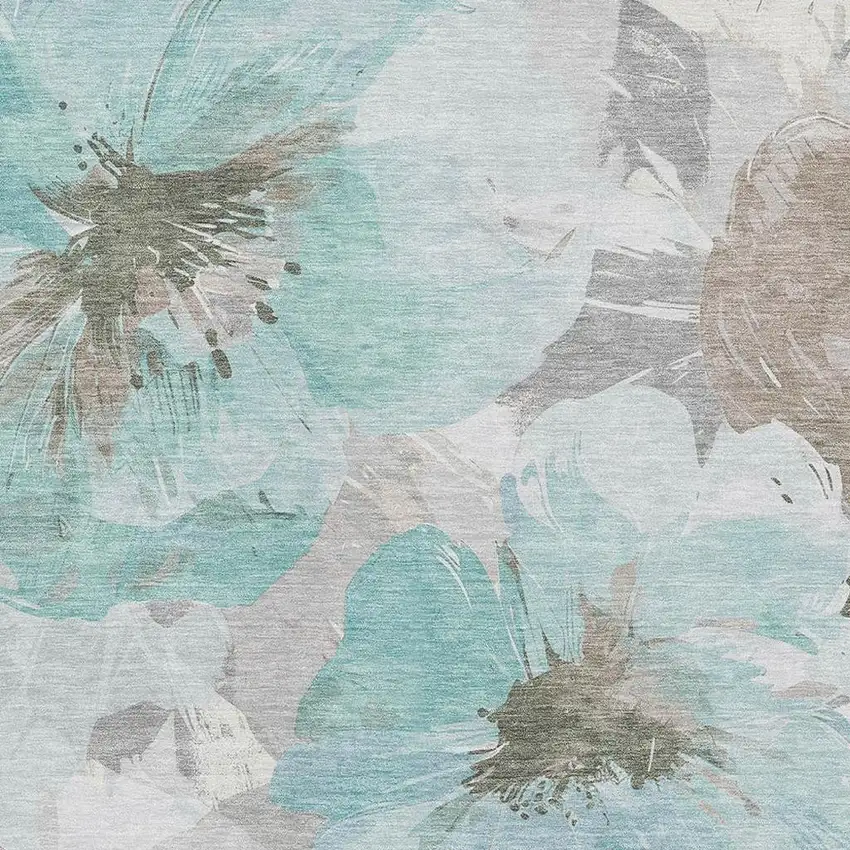 8' Teal Ivory And Beige Floral Washable Area Rug With UV Protection Photo 2