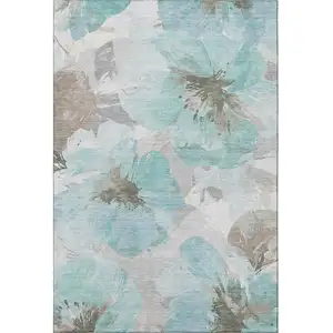 Photo of 8' Teal Ivory And Beige Floral Washable Area Rug With UV Protection