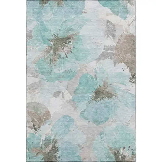 8' Teal Ivory And Beige Floral Washable Area Rug With UV Protection Photo 1