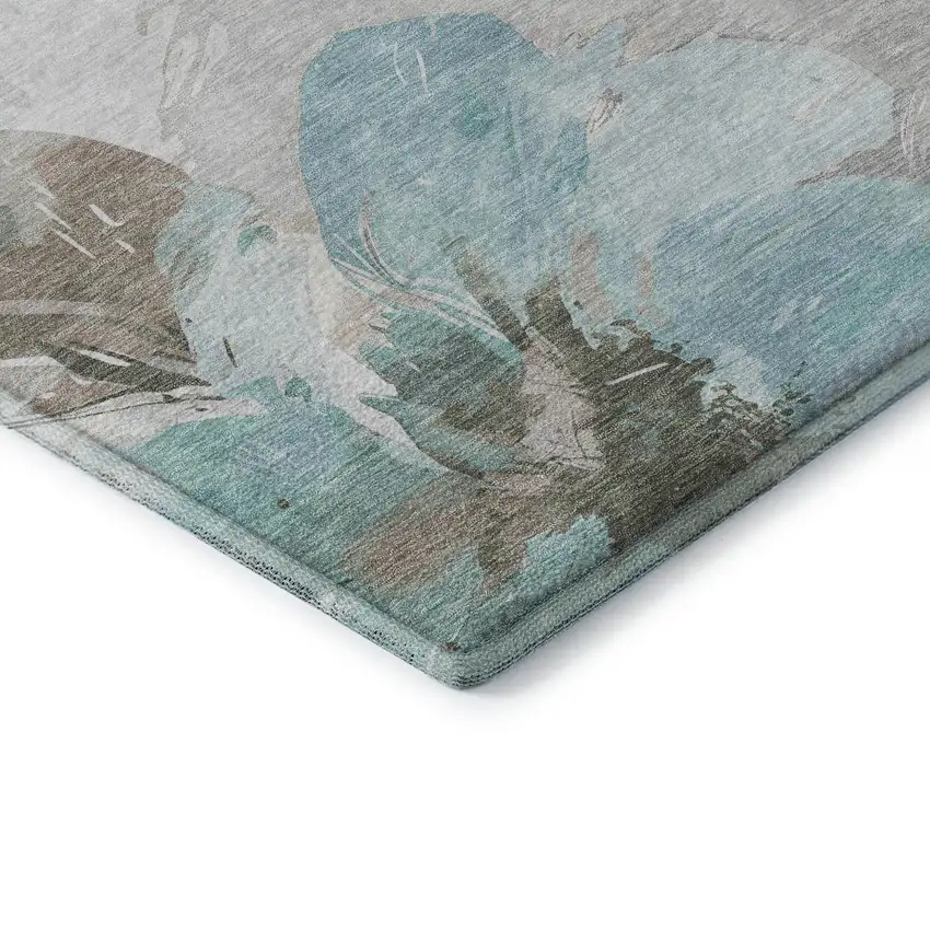 8' Teal Ivory And Beige Floral Washable Area Rug With UV Protection Photo 7