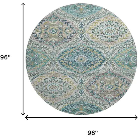 8' Teal Ivory And Beige Floral Washable Round Rug With UV Protection Photo 9