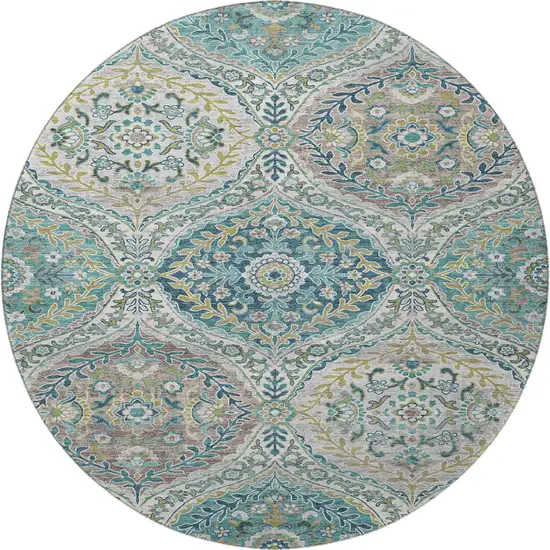 8' Teal Ivory And Beige Floral Washable Round Rug With UV Protection Photo 3