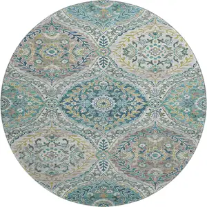 Photo of 8' Teal Ivory And Beige Floral Washable Round Rug With UV Protection