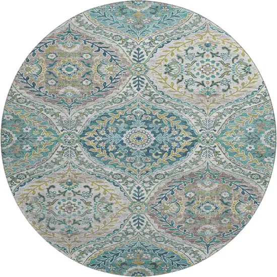 8' Teal Ivory And Beige Floral Washable Round Rug With UV Protection Photo 1