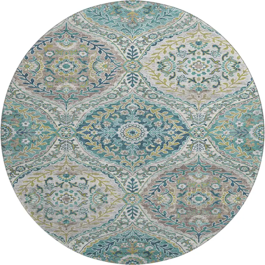8' Teal Ivory And Beige Floral Washable Round Rug With UV Protection Photo 1