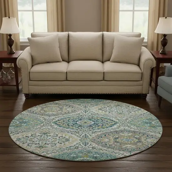 8' Teal Ivory And Beige Floral Washable Round Rug With UV Protection Photo 2