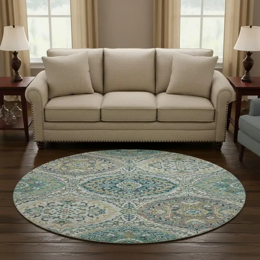 8' Teal Ivory And Beige Floral Washable Round Rug With UV Protection Photo 2
