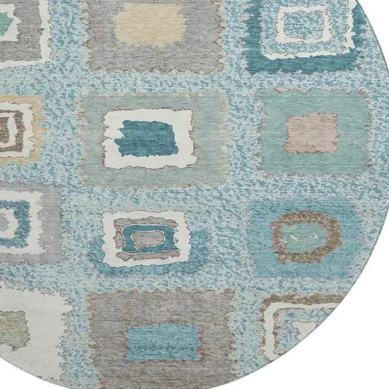 8' Teal Ivory And Beige Geometric Washable Round Rug With UV Protection Photo 3