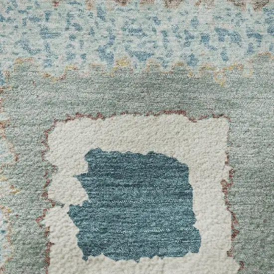 8' Teal Ivory And Beige Geometric Washable Round Rug With UV Protection Photo 9