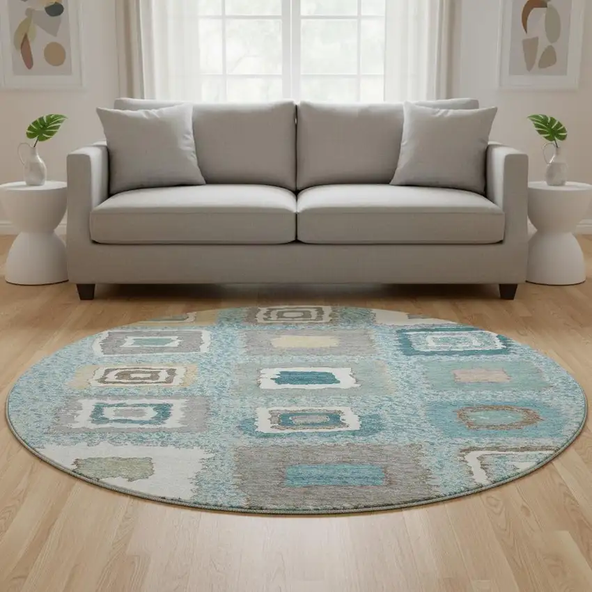 8' Teal Ivory And Beige Geometric Washable Round Rug With UV Protection Photo 2