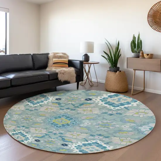 8' Teal Ivory And Beige Oriental Washable Round Rug With UV Protection Photo 4