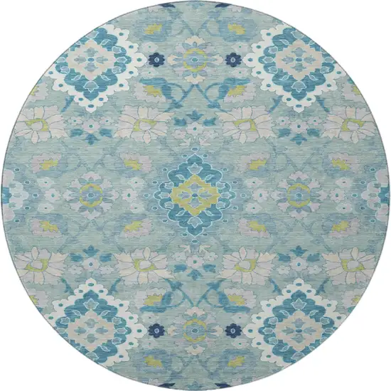 8' Teal Ivory And Beige Oriental Washable Round Rug With UV Protection Photo 3