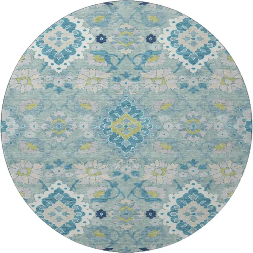 8' Teal Ivory And Beige Oriental Washable Round Rug With UV Protection Photo 3