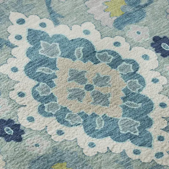 8' Teal Ivory And Beige Oriental Washable Round Rug With UV Protection Photo 8