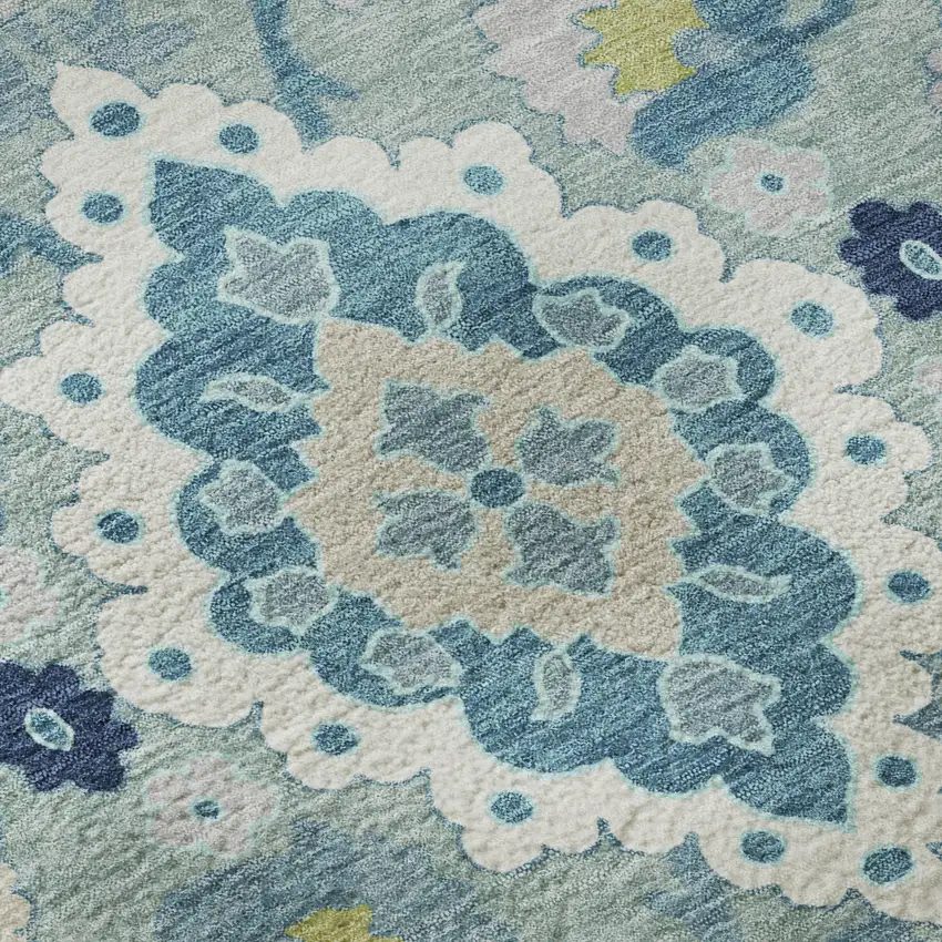 8' Teal Ivory And Beige Oriental Washable Round Rug With UV Protection Photo 8