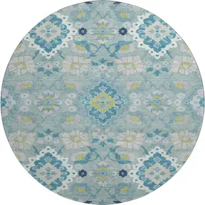 Photo of 8' Teal Ivory And Beige Oriental Washable Round Rug With UV Protection