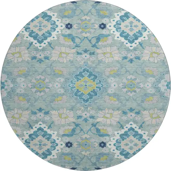 8' Teal Ivory And Beige Oriental Washable Round Rug With UV Protection Photo 1
