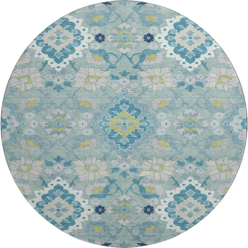 8' Teal Ivory And Beige Oriental Washable Round Rug With UV Protection Photo 1