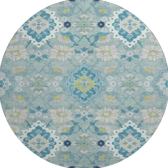 8' Teal Ivory And Beige Oriental Washable Round Rug With UV Protection Photo 2
